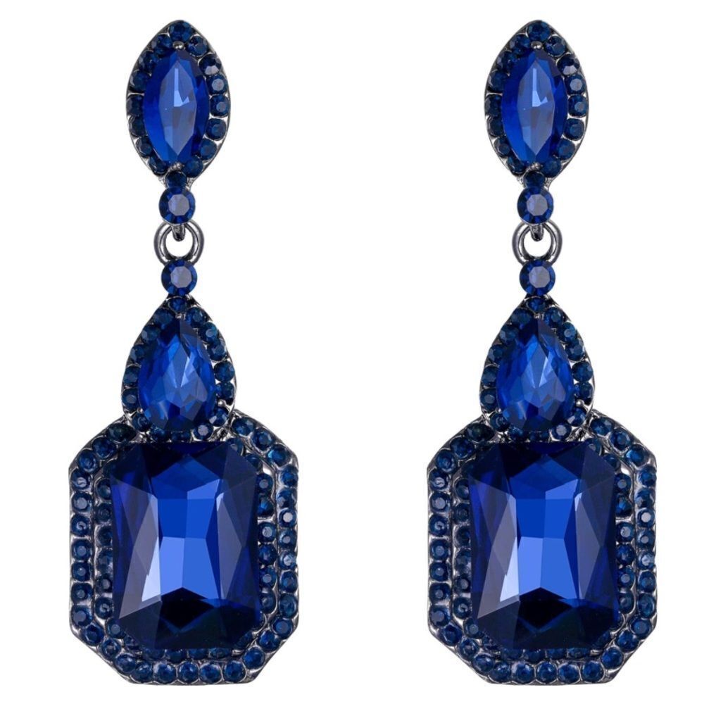 Gun Metal with Blue Sapphire Austrian Crystal Chandelier Drop Clip On Earrings